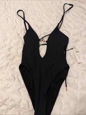 Rebecca Minkoff Black Ribbed One-Piece Swimsuit with Gold Accent